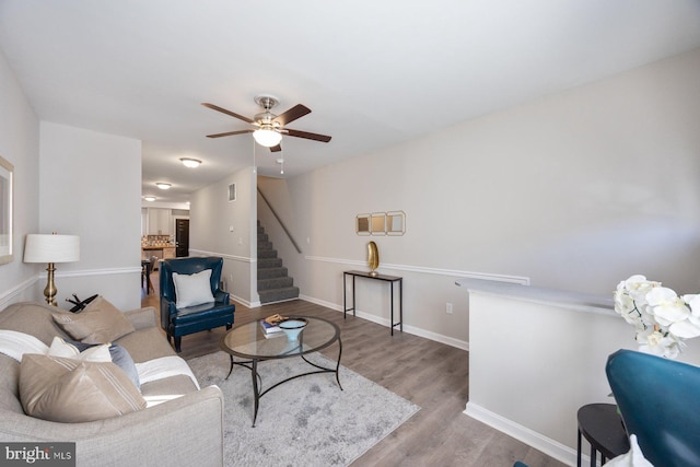 living room with ceiling fan and light hardwood / wood-style flooring