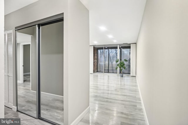 corridor featuring light wood-type flooring and a wall of windows