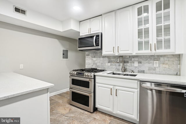 kitchen featuring backsplash, electric panel, white cabinets, sink, and appliances with stainless steel finishes