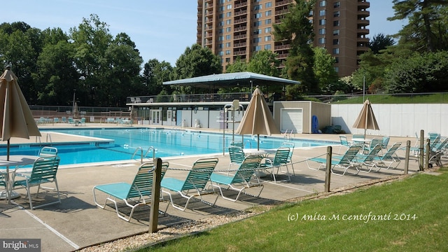 view of swimming pool with a patio