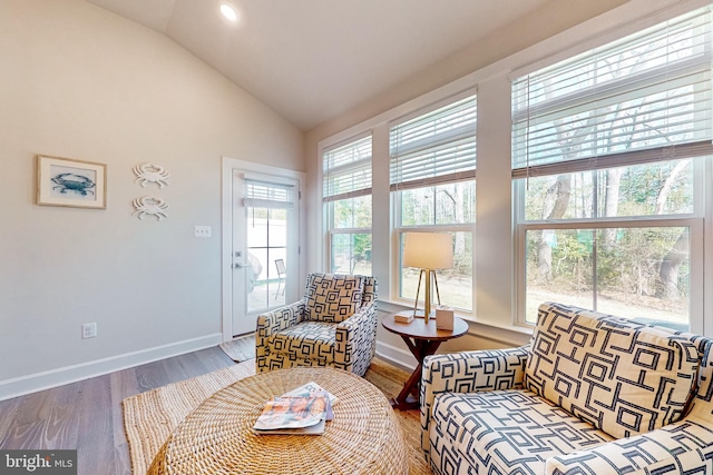 living area with hardwood / wood-style flooring and vaulted ceiling