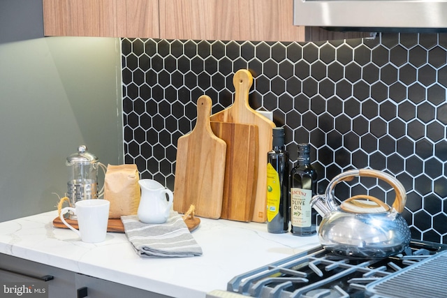 room details with tasteful backsplash and exhaust hood