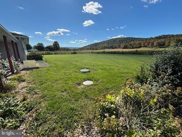 view of yard featuring a mountain view and a rural view