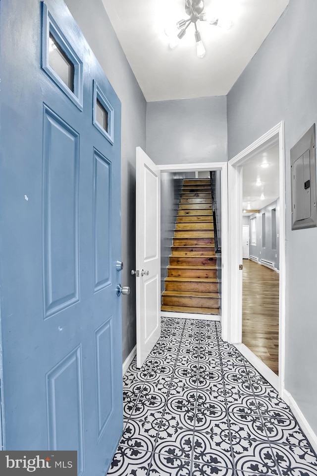 hallway with light hardwood / wood-style floors and electric panel