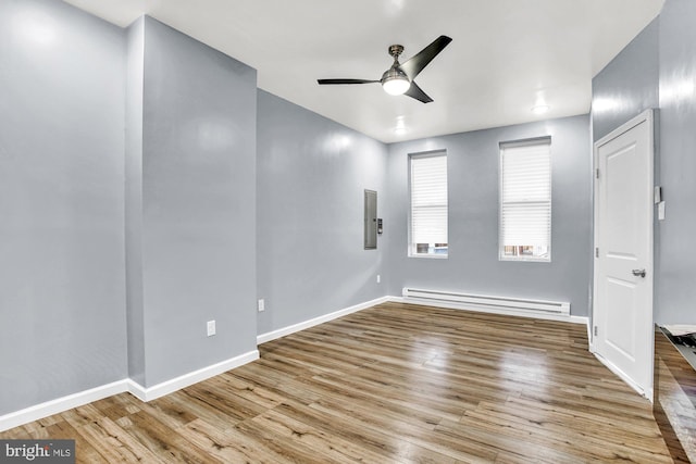 unfurnished room featuring light wood-type flooring, electric panel, baseboard heating, and ceiling fan