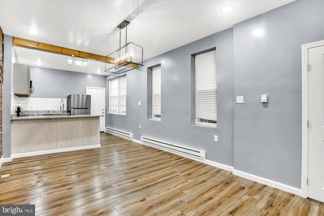 unfurnished living room featuring light hardwood / wood-style flooring, beamed ceiling, a chandelier, and a baseboard heating unit