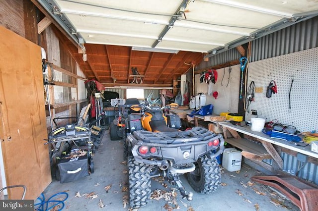 garage with a workshop area