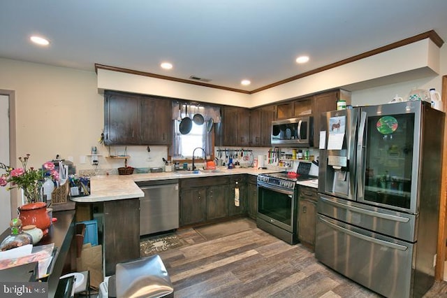 kitchen featuring kitchen peninsula, sink, appliances with stainless steel finishes, dark brown cabinets, and wood-type flooring