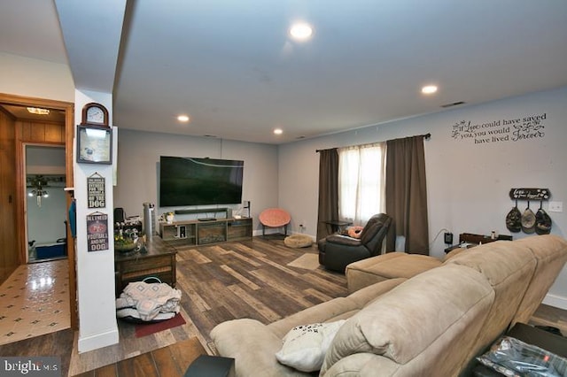 living room with dark hardwood / wood-style floors