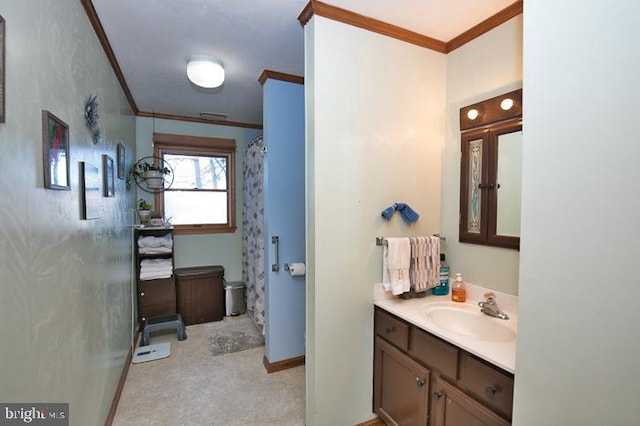 bathroom featuring vanity, curtained shower, toilet, and crown molding