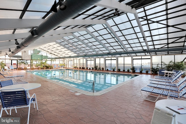 view of pool featuring a patio and glass enclosure