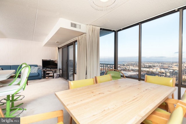 carpeted dining area featuring floor to ceiling windows and a textured ceiling