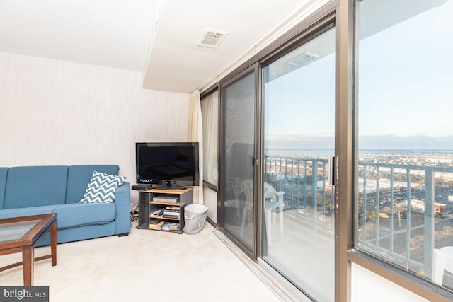 carpeted living room with expansive windows