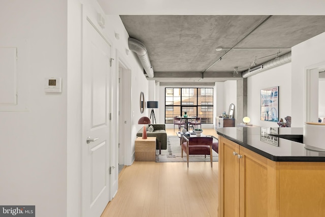 kitchen featuring light wood finished floors, open floor plan, and dark countertops