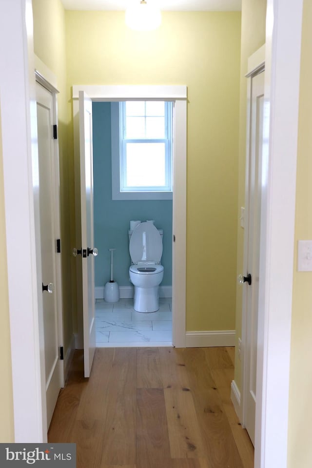 bathroom with hardwood / wood-style flooring and toilet