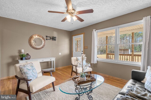 living room with ceiling fan, light hardwood / wood-style floors, and a textured ceiling