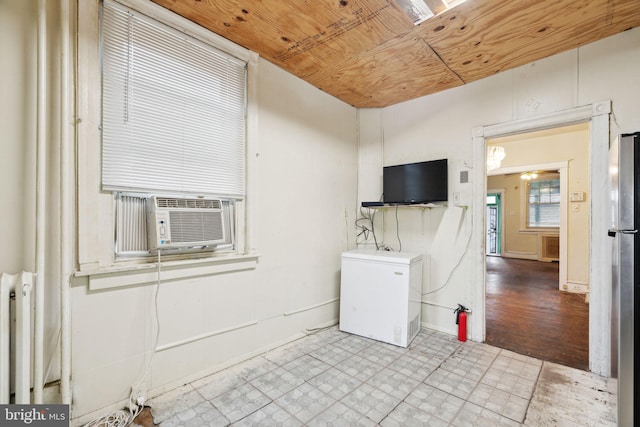 laundry room with wood ceiling, cooling unit, and radiator heating unit