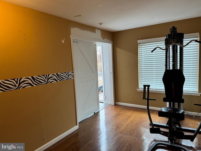 workout area featuring hardwood / wood-style flooring