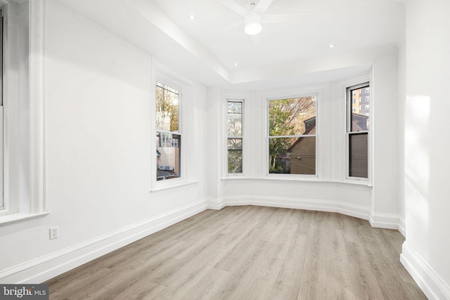 spare room featuring a tray ceiling, ceiling fan, and light wood-type flooring