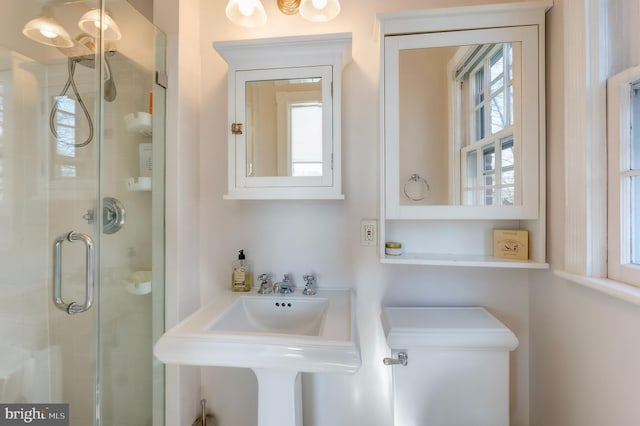 bathroom featuring sink and a shower with door