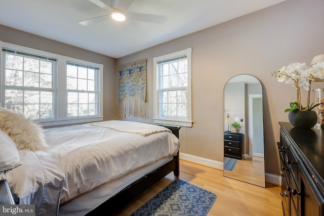 bedroom with ceiling fan and light wood-type flooring