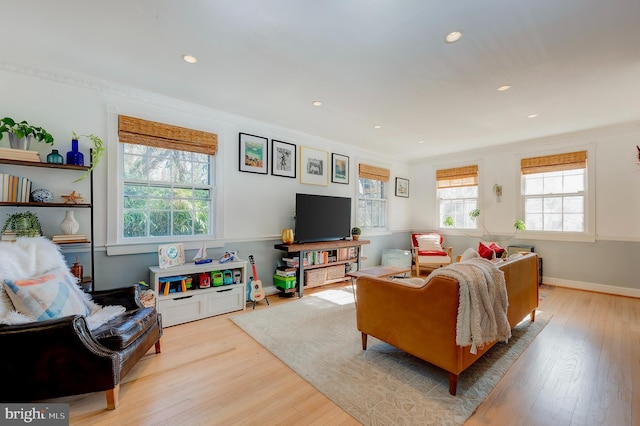 living room featuring ornamental molding and light wood-type flooring