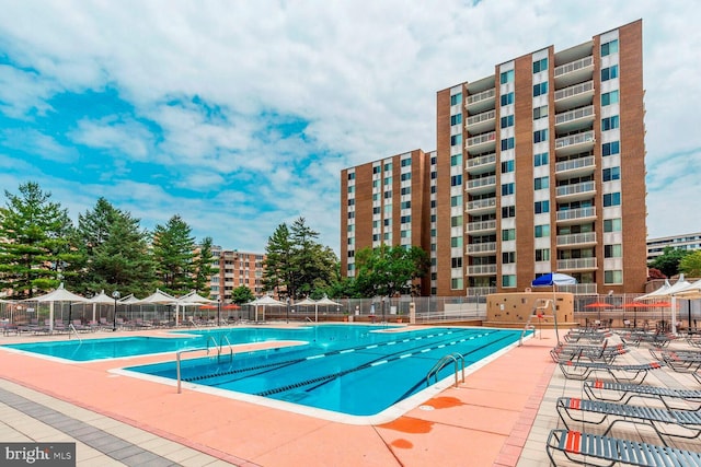 view of pool featuring a patio