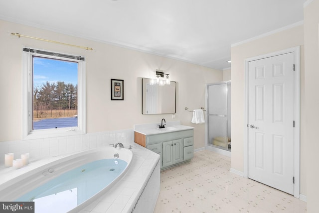 bathroom featuring vanity, crown molding, and independent shower and bath