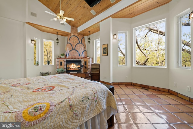 bedroom featuring tile patterned flooring, ceiling fan, wood ceiling, and vaulted ceiling