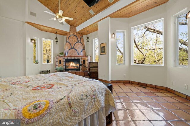 12330 Potomac View Rd, Newburg, MD 20664 - bedroom with wooden ceiling, lofted ceiling, multiple windows, a glass covered fireplace, and baseboards