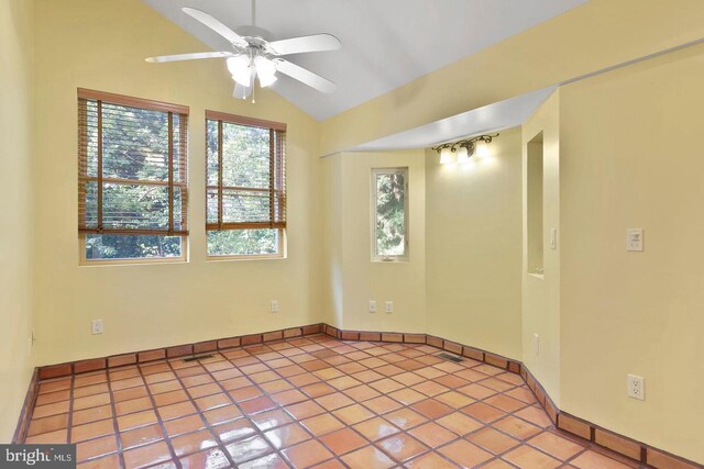 12330 Potomac View Rd, Newburg, MD 20664 - unfurnished room featuring vaulted ceiling, a ceiling fan, light tile patterned floors, and baseboards