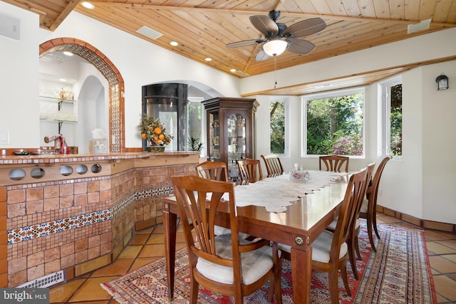 12330 Potomac View Rd, Newburg, MD 20664 - dining room featuring wooden ceiling, tile patterned floors, ceiling fan, and recessed lighting