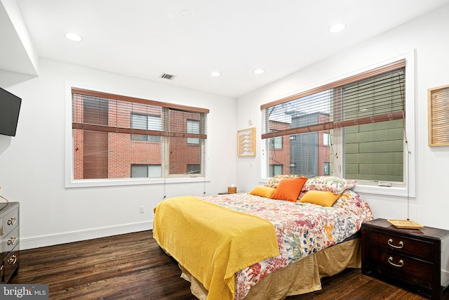 bedroom featuring dark hardwood / wood-style floors and multiple windows