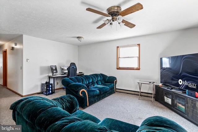 living room with light carpet, a textured ceiling, baseboard heating, and ceiling fan