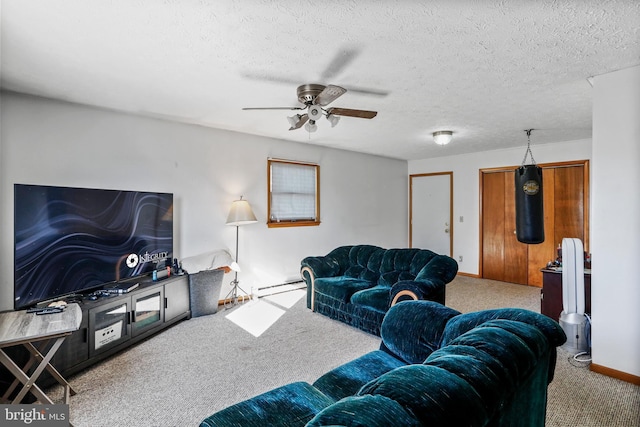 living room featuring ceiling fan, carpet floors, a textured ceiling, and a baseboard heating unit