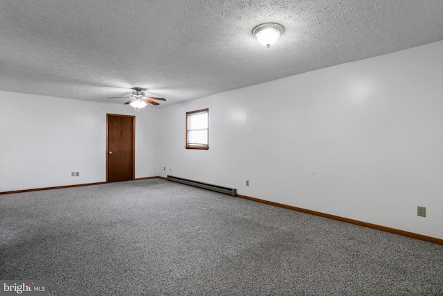 carpeted spare room featuring a textured ceiling, a baseboard radiator, and ceiling fan