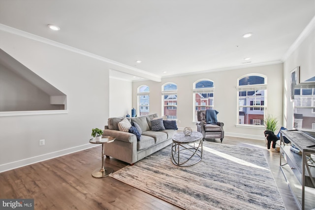 living room with hardwood / wood-style floors and crown molding