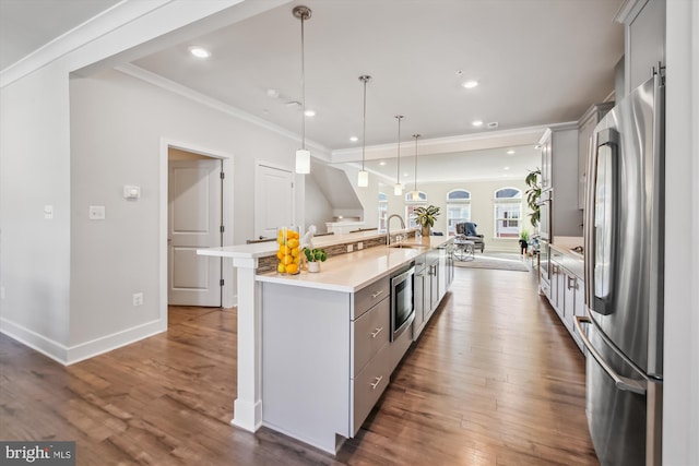 kitchen featuring dark wood-type flooring, crown molding, decorative light fixtures, a large island, and stainless steel appliances