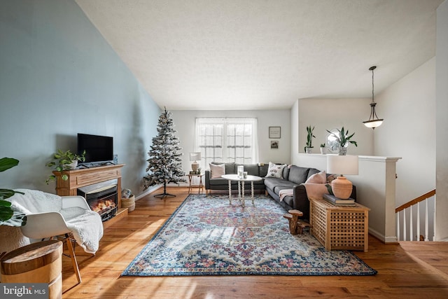 living room with wood-type flooring and a textured ceiling