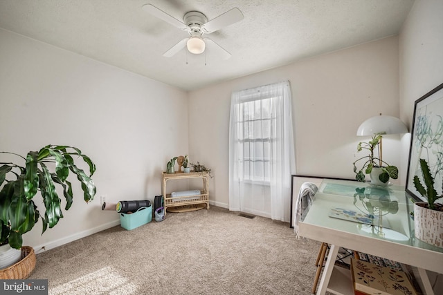 misc room with carpet flooring, ceiling fan, and a textured ceiling