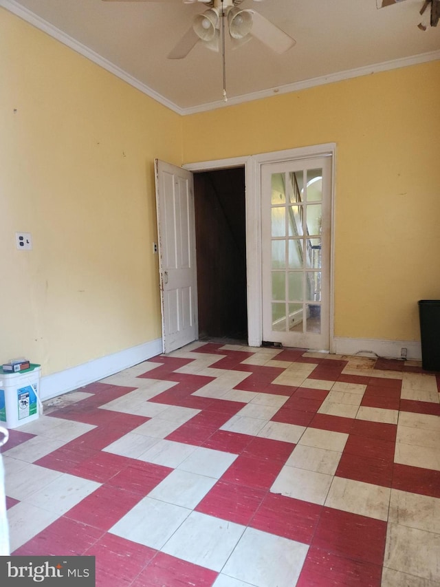 empty room with ceiling fan and ornamental molding