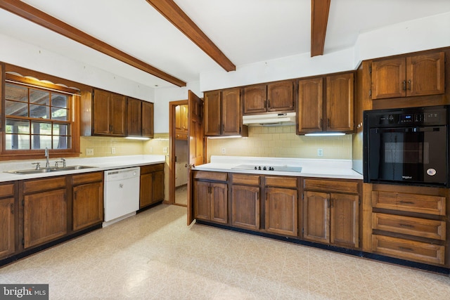 kitchen featuring black appliances, beam ceiling, sink, and tasteful backsplash