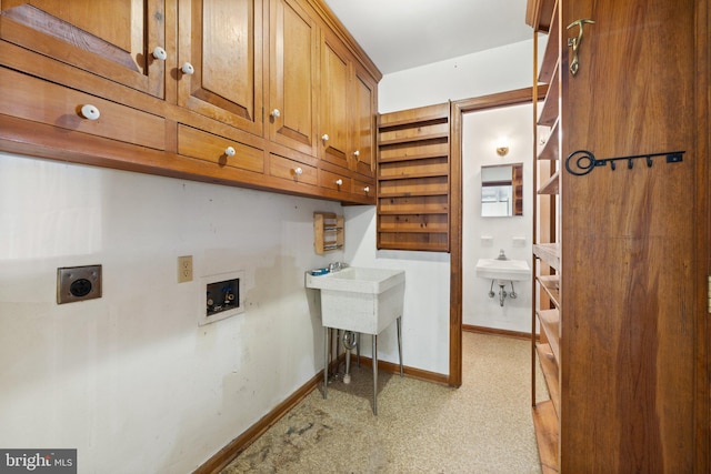 laundry room with sink, cabinets, washer hookup, electric dryer hookup, and light carpet