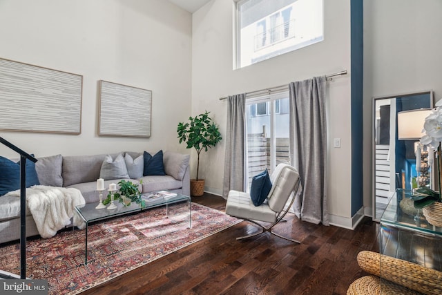 living room with a high ceiling and dark hardwood / wood-style floors