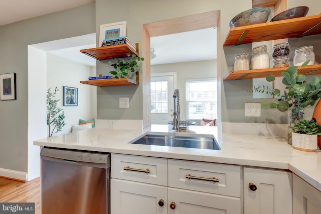 kitchen featuring sink, stainless steel dishwasher, white cabinets, and light stone counters