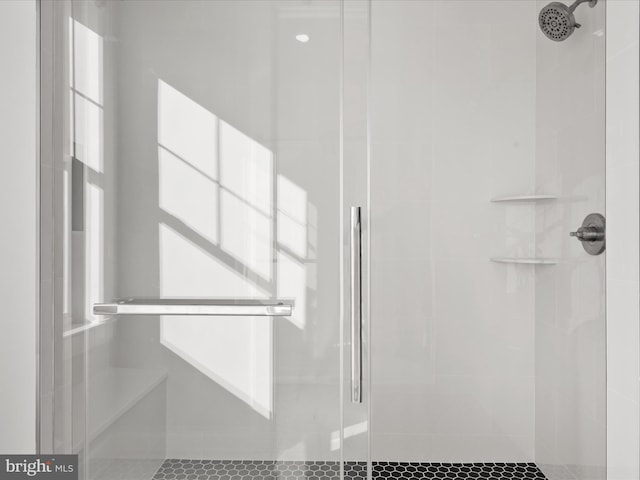 interior details featuring a shower with door