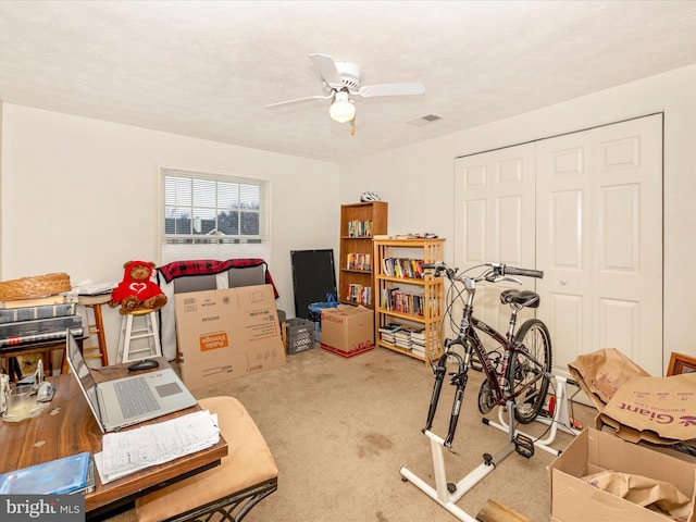 interior space featuring ceiling fan, carpet floors, and a textured ceiling