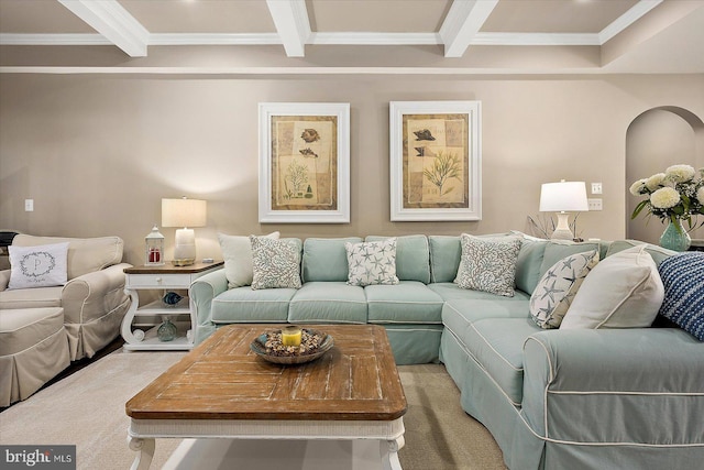 living room with beamed ceiling, carpet flooring, and crown molding