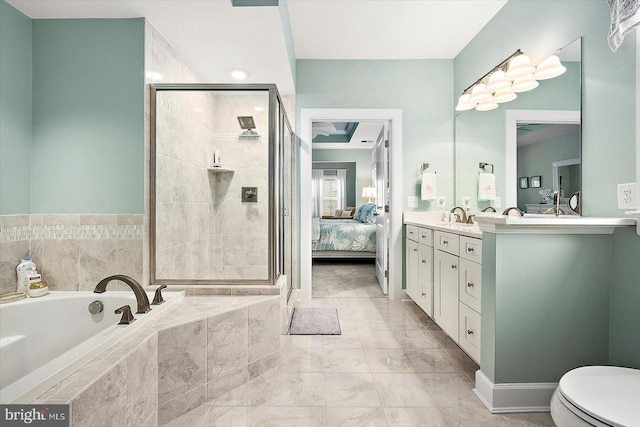 full bathroom featuring toilet, shower with separate bathtub, vanity, and tile patterned floors