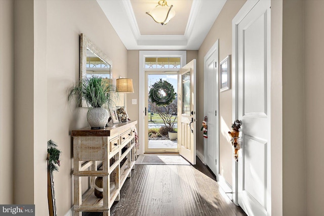 entryway with hardwood / wood-style flooring, a raised ceiling, and ornamental molding